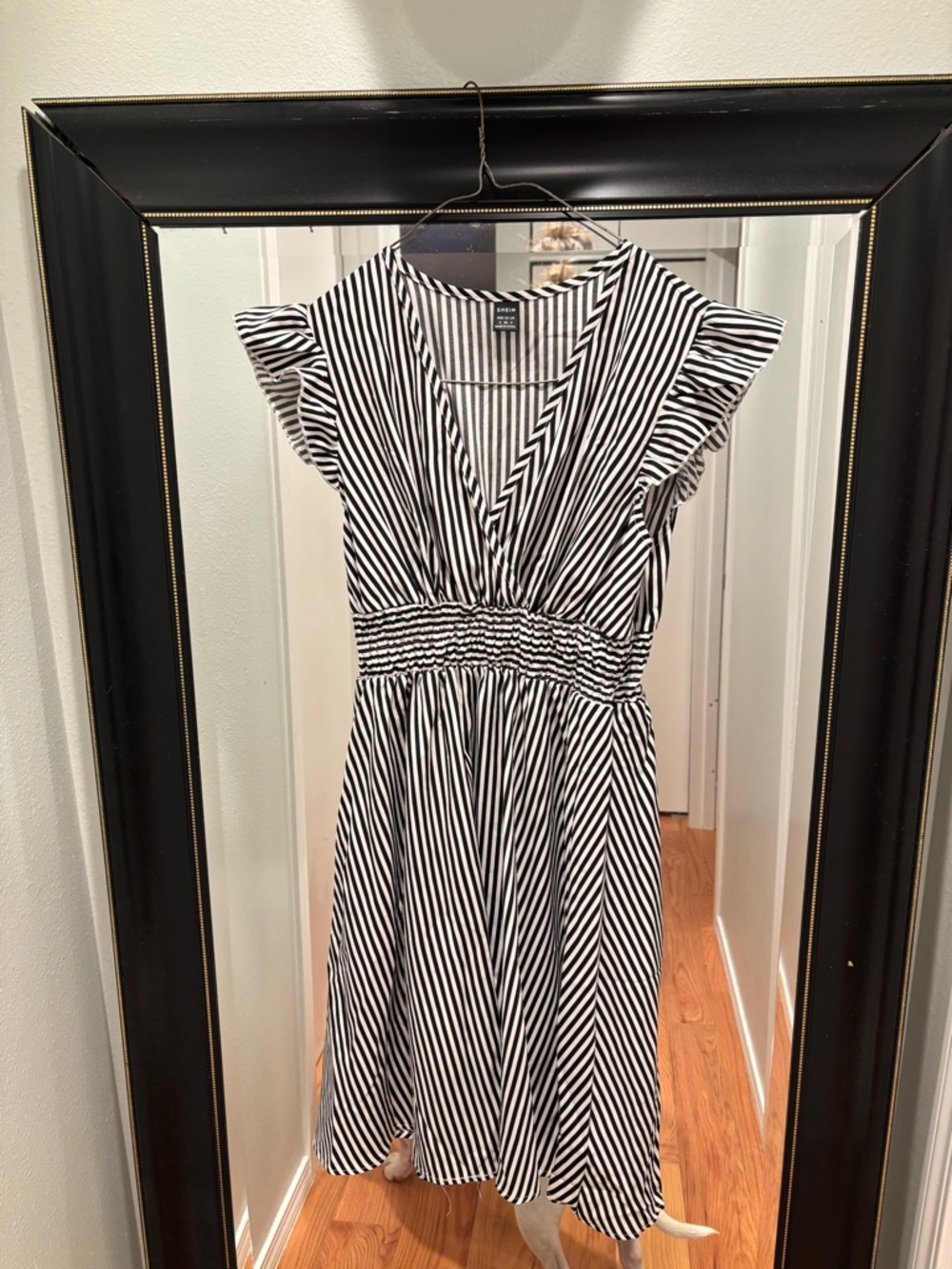 Black & White Striped V-Neck Flutter Sleeve Dress